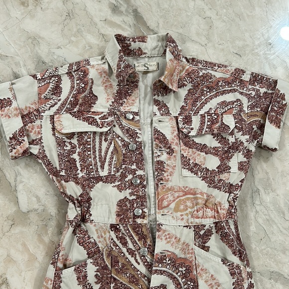 Free People Marci Printed Coverall Jumpsuit Soft Denim Brown Ivory Tan - Picture 4 of 9